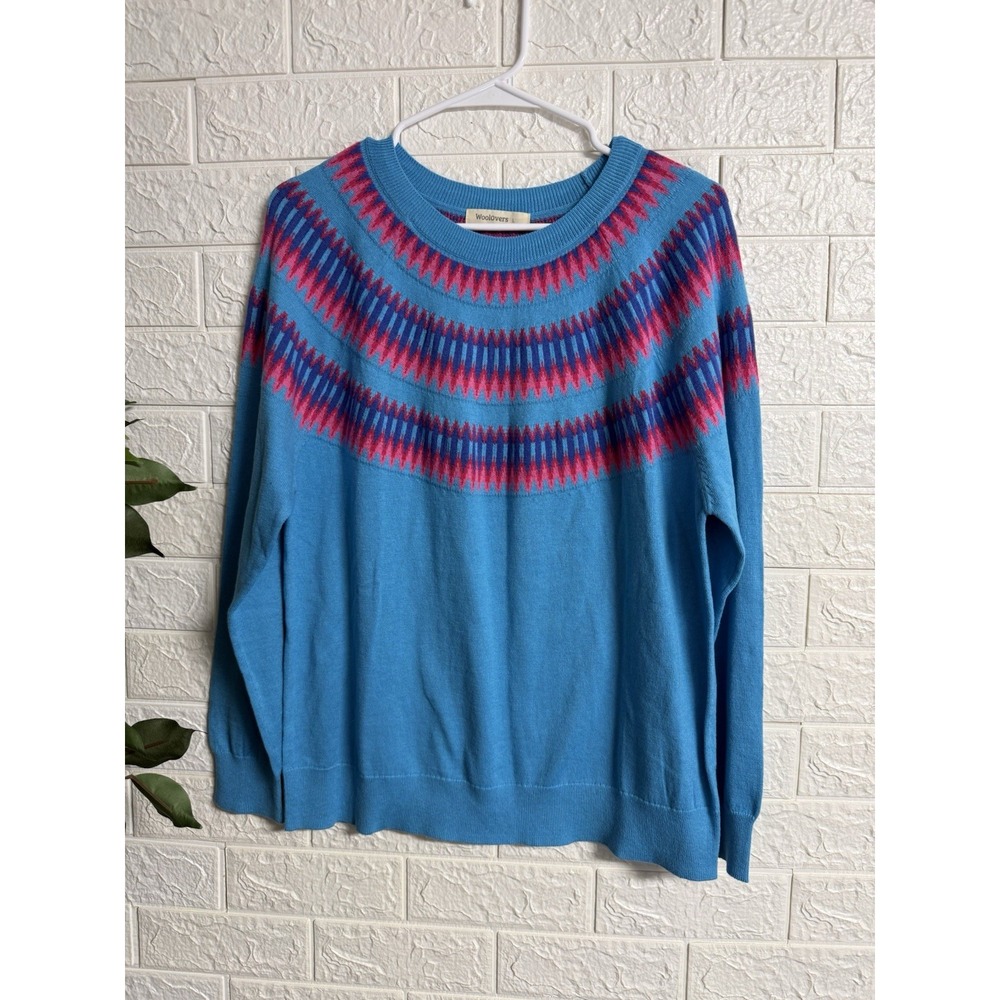 WoolOvers Womens Crewneck Sweater L Teal Blue Pink Cotton Cashmere Geometric
